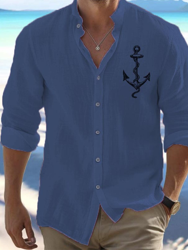  Hombre Lino Mezcla Lino Algodón Camisa camisa de lino Abotonar la camisa Letra Ancla Estampado Manga Larga Cuello Mao Negro, Blanco, Azul Piscina Camisa Exterior Ropa Cotidiana Vacaciones