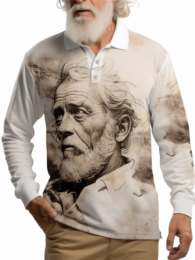 Portrait Men's Casual Print 3D Outdoor Casual Daily Streetwear Polyester Long Sleeve Turndown Polo Shirts Khaki Fall & Winter S M L Micro-elastic Lapel Polo