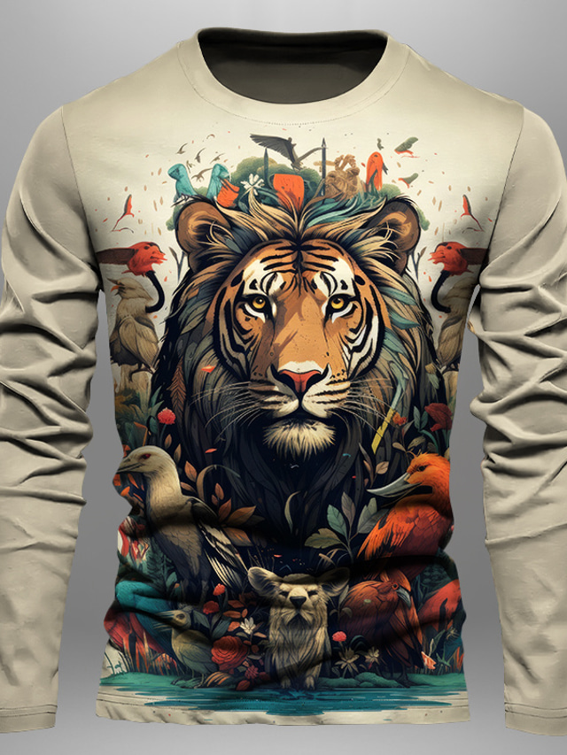  Graphic Tiger Fashion Designer Casual Men's 3D Print T shirt Tee Sports Outdoor Holiday Going out T shirt Red Blue Brown Long Sleeve Crew Neck Shirt Spring &  Fall Clothing Apparel S M L XL 2XL 3XL