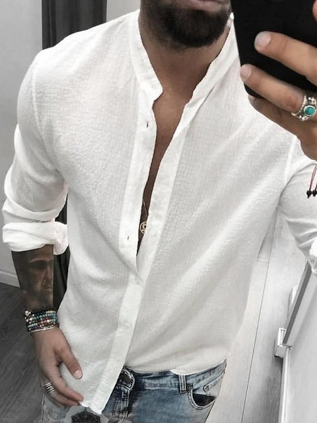  Men's Shirt Linen Shirt Button Up Shirt Beach Shirt White Light Grey Light Blue Long Sleeve Plain Band Collar Spring & Summer Casual Daily Clothing Apparel