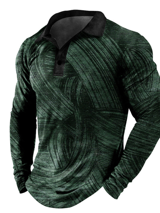  Optical Illusion Men's Abstract 3D Print Outdoor Casual Daily Streetwear Polyester Long Sleeve Turndown Polo Shirts Brown Green Fall & Winter S M L Micro-elastic Lapel Polo