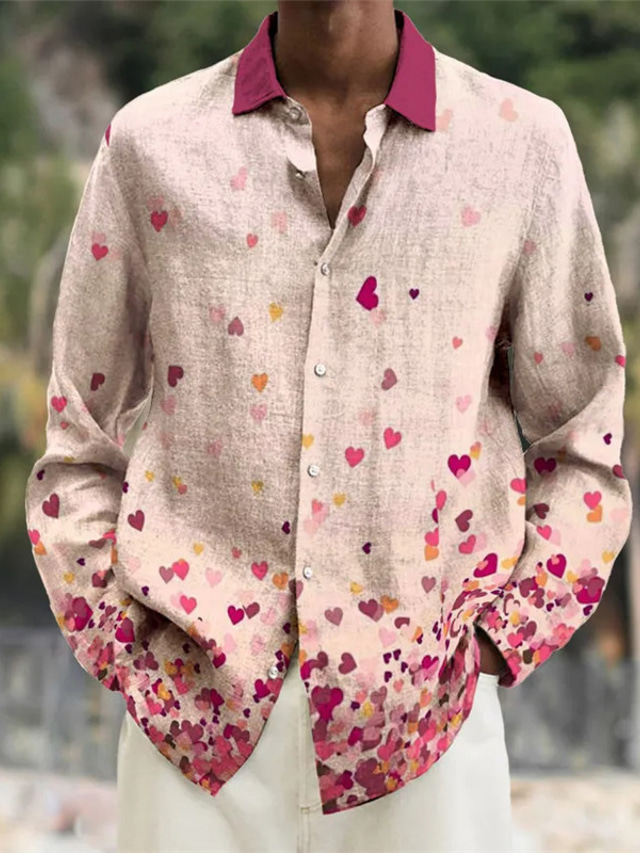  ημέρα του Αγίου Βαλεντίνου καρδιά casual ανδρικό πουκάμισο καθημερινή χρήση που βγαίνει το σαββατοκύριακο το φθινόπωρο& χειμερινό turndown μακρυμάνικο ροζ s, m, l slub υφασμάτινο πουκάμισο