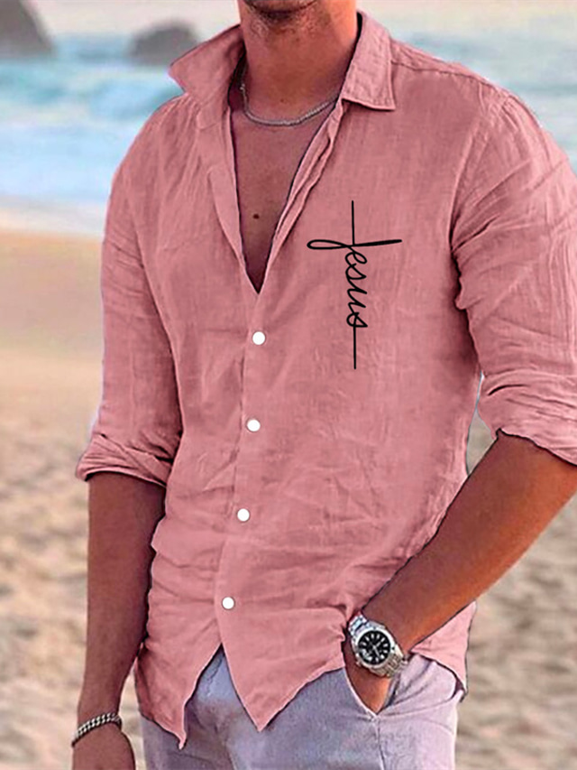  Men's Polyester Linen Shirt Linen Shirt Letter Print Long Sleeve Lapel White, Pink, Green Shirt Outdoor Daily Vacation