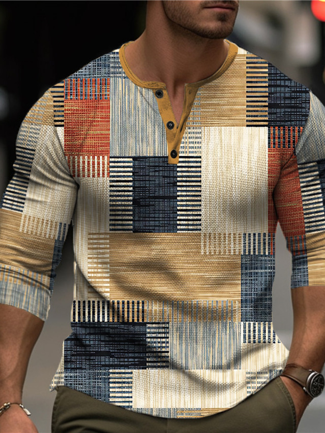  Graficzny Kolorowy blok Geometryczny Designerskie Retro / vintage Codzienny Męskie Druk 3D Koszula Henley T-shirt waflowy Sporty na świeżym powietrzu Święto Festiwal Podkoszulek Żółty Czerwony