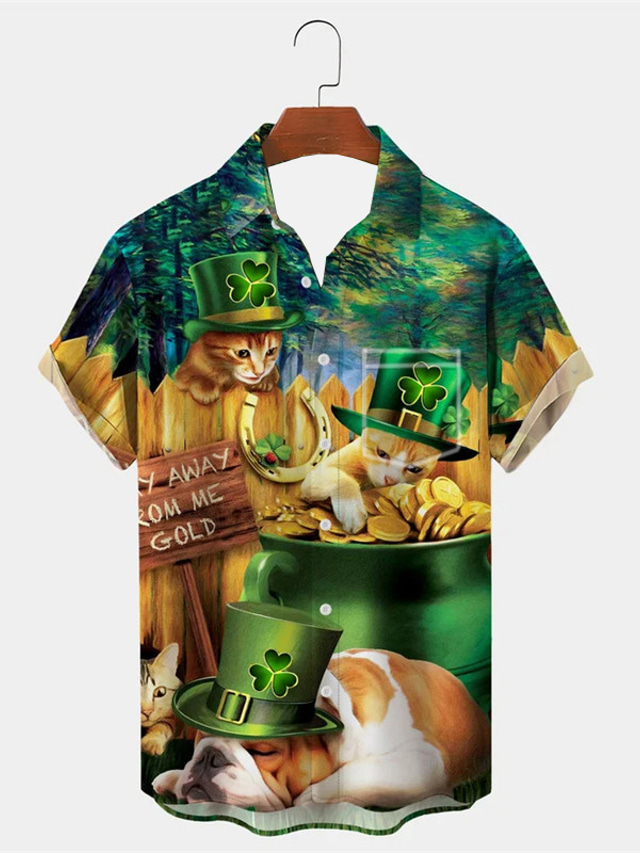  St.Patrick's Day Four Leaf Clover Casual Men's Shirt Daily Wear Going out Weekend Autumn / Fall Turndown Short Sleeves Green S, M, L 4-Way Stretch Fabric Shirt St.
