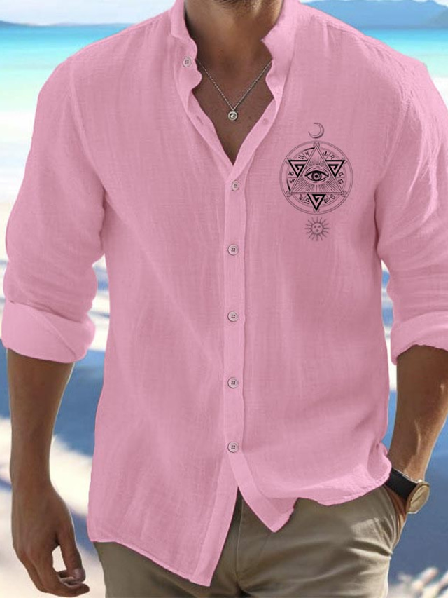 Men's Linen Linen Cotton Blend Shirt Linen Shirt Button Up Shirt Moon Sun Tribal Print Long Sleeve Standing Collar Black, White, Pink Shirt Outdoor Daily Wear Vacation