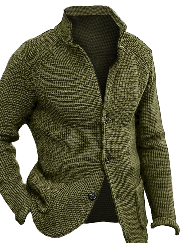  Men's Cardigan Sweater Cropped Sweater Knit Sweater Ribbed Knit Regular Knitted Stand Collar Warm Ups Modern Contemporary Daily Wear Going out Clothing Apparel Fall Winter Army Green caramel S M L