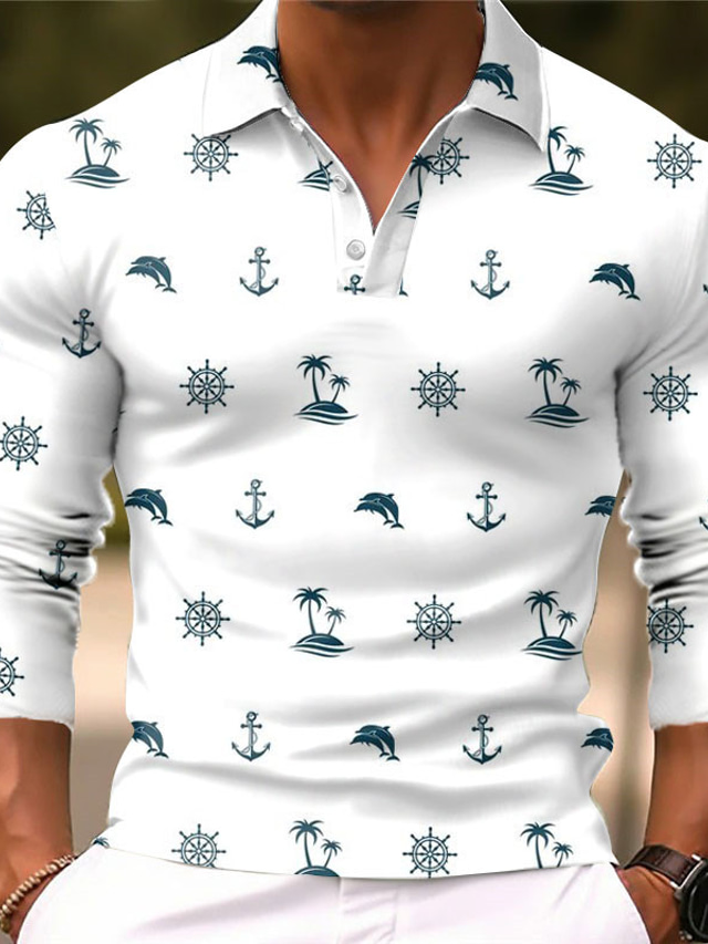  Palm Tree Men's Casual Print 3D Outdoor Casual Daily Streetwear Polyester Long Sleeve Turndown Polo Shirts Black White Fall & Winter S M L Micro-elastic Lapel Polo