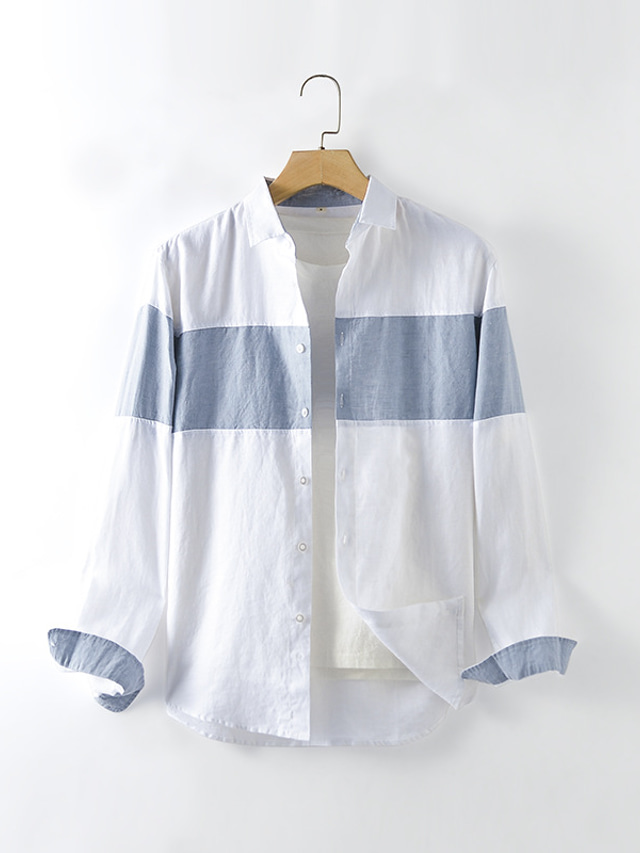  100% linnen Voor heren Overhemd linnen overhemd Normaal shirt Wit Lange mouw Kleurenblok Revers Lente & Herfst Casual Dagelijks Kleding