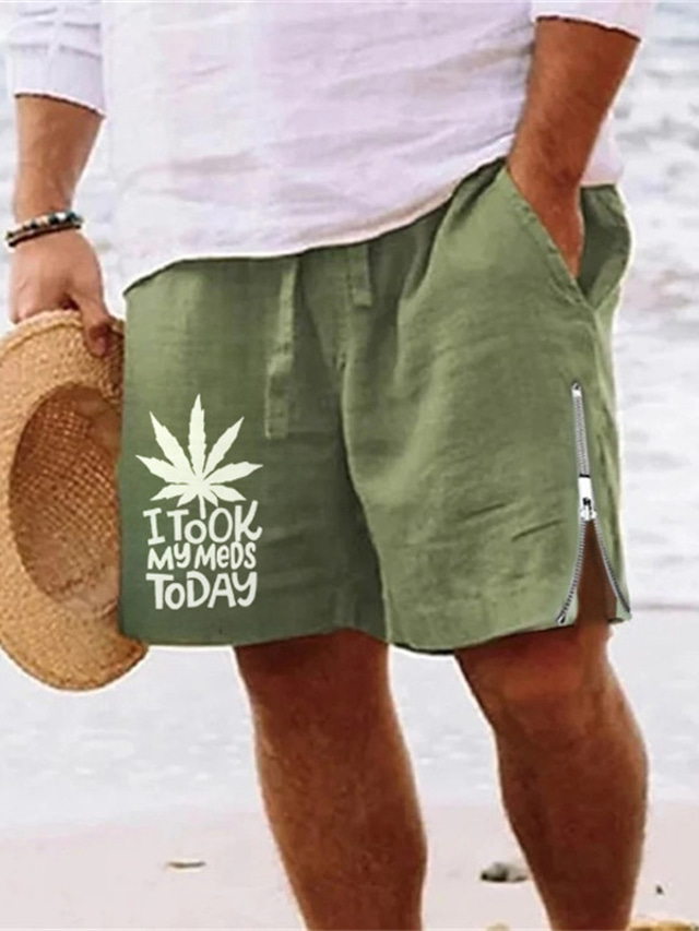  Men's Shorts Summer Shorts Beach Shorts Zipper Drawstring Elastic Waist Leaf Letter Comfort Breathable Short Daily Holiday Going out Cotton Blend Hawaiian Casual Army Green Royal Blue