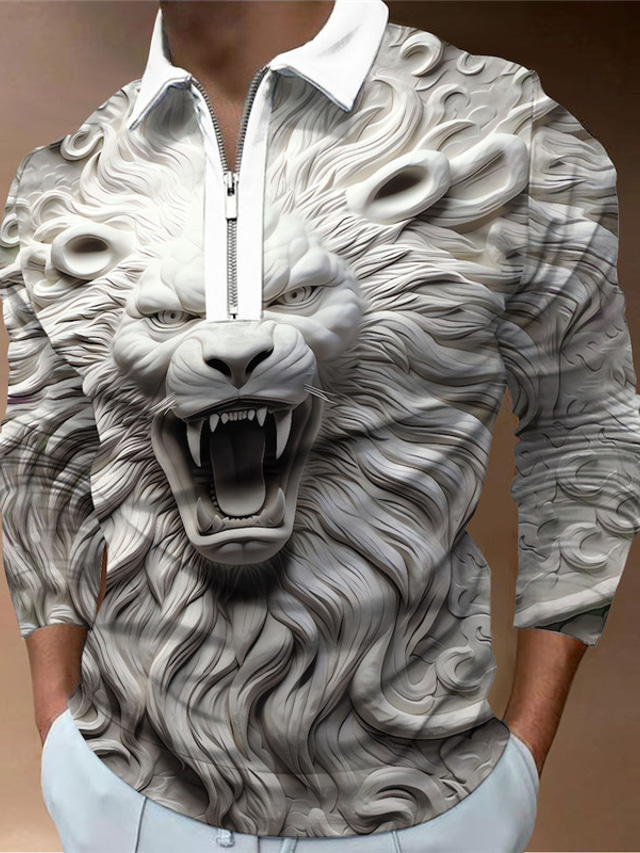  Lion Embossed Men's Vintage 3D Print Zip Polo Outdoor Casual Daily Streetwear Polyester Long Sleeve Turndown Zip Polo Shirts Orange Gray Fall & Winter S M L Micro-elastic Lapel Polo