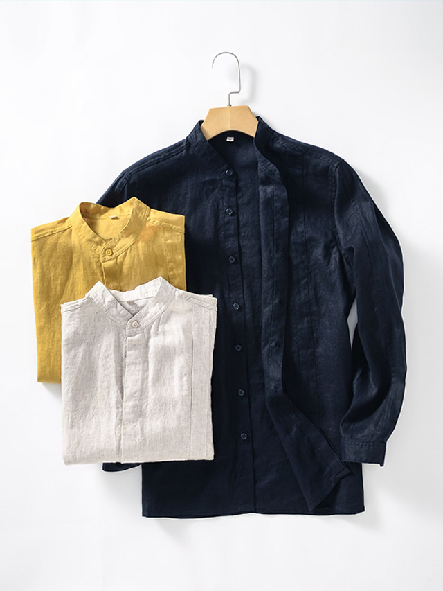  100% Linen Men's Shirt Linen Shirt Casual Shirt Yellow Navy Blue Green Long Sleeve Plain Standing Collar Spring &  Fall Casual Daily Clothing Apparel