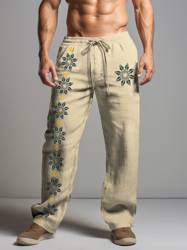  Men's Vintage Casual Graphic Florals Linen Pants Pants Trousers Mid Waist Daily Wear Vacation Going out Spring Fall Regular Fit