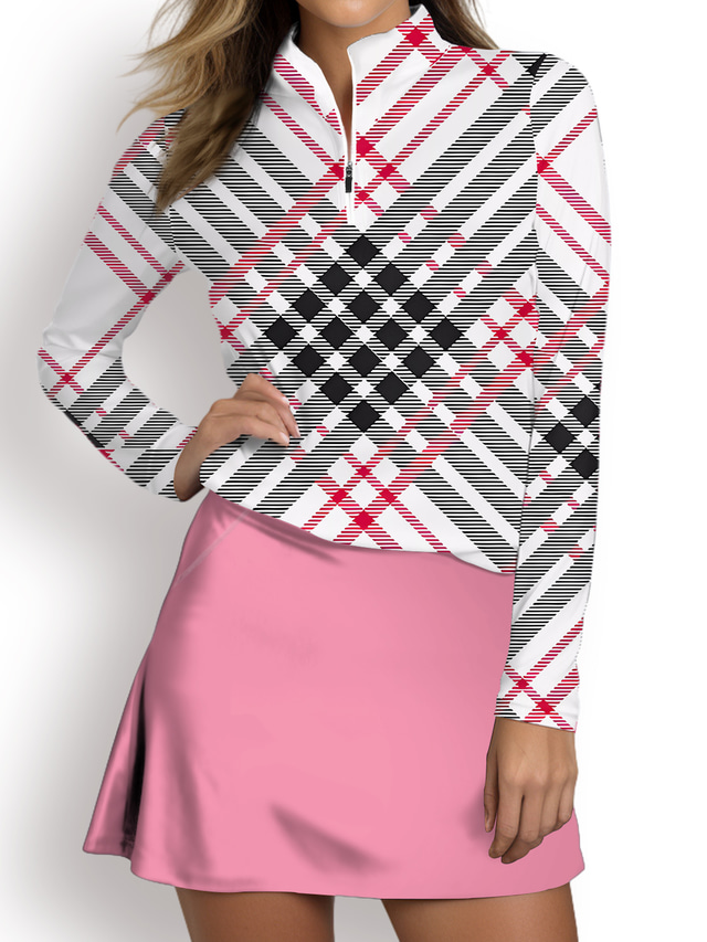  Women's Golf Polo Shirt Red Long Sleeve Sun Protection Top Plaid Fall Winter Ladies Golf Attire Clothes Outfits Wear Apparel