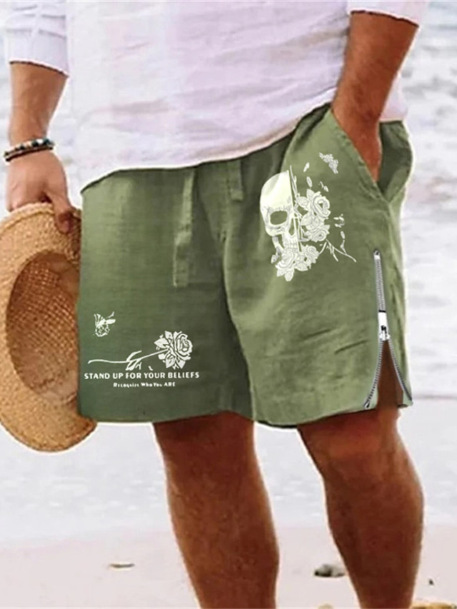  Homme Short Short d'été Short de plage Zippé Cordon Taille elastique Crânes Spot Multicouleur Confort Respirable Court du quotidien Vacances Sortie Mélange de Coton Hawaïen Décontractées Vert