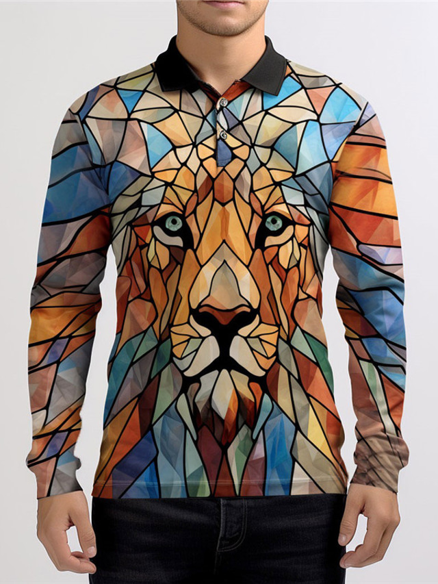  Color Block Lion Men's Casual 3D Print Outdoor Casual Daily Streetwear Polyester Long Sleeve Turndown Polo Shirts Red Blue Fall & Winter S M L Micro-elastic Lapel Polo