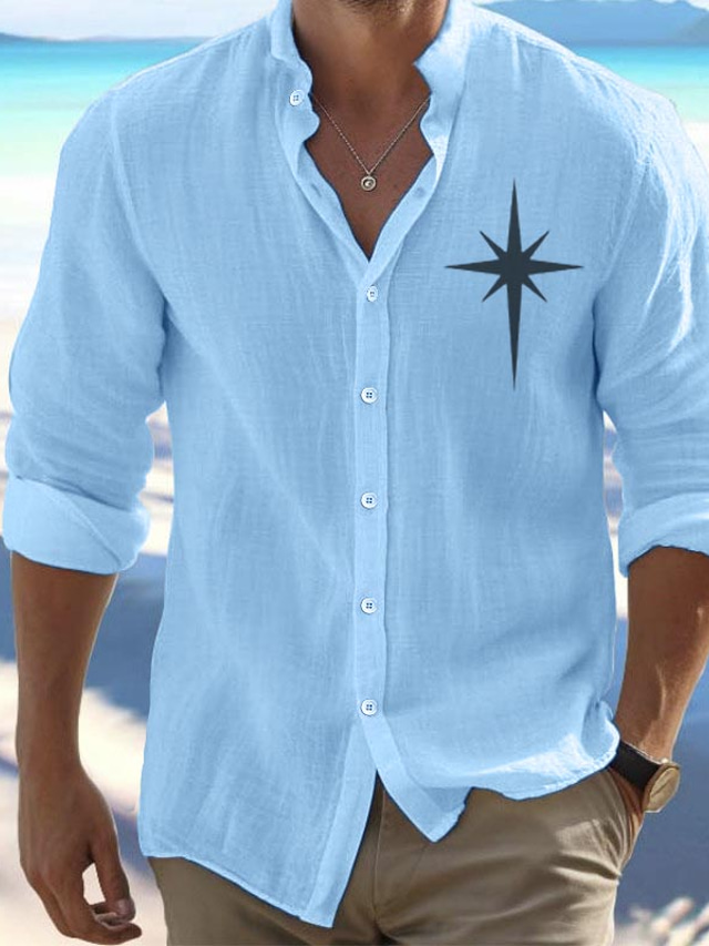  Men's Linen Linen Cotton Blend Shirt Linen Shirt Button Up Shirt Star Print Long Sleeve Standing Collar Black, White, Blue Shirt Outdoor Daily Wear Vacation