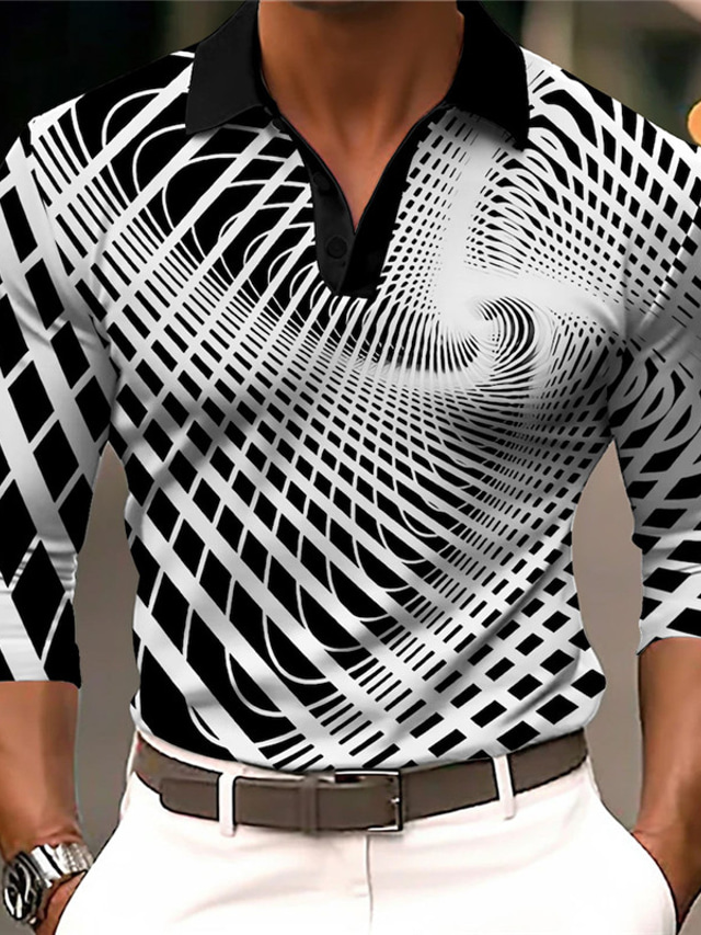  Optical Illusion Men's Abstract 3D Print Golf Polo Outdoor Casual Daily Streetwear Polyester Long Sleeve Turndown Polo Shirts White Blue Fall & Winter S M L Micro-elastic Lapel Polo