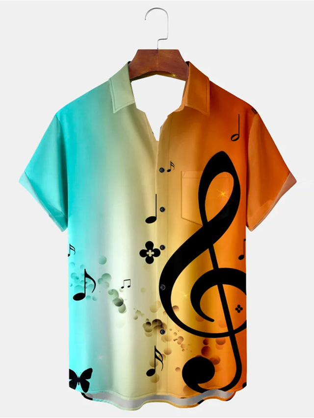  Carnival Musical Notes Casual Men's Shirt Daily Wear Going out Weekend Autumn / Fall Turndown Short Sleeves Black, Orange S, M, L 4-Way Stretch Fabric