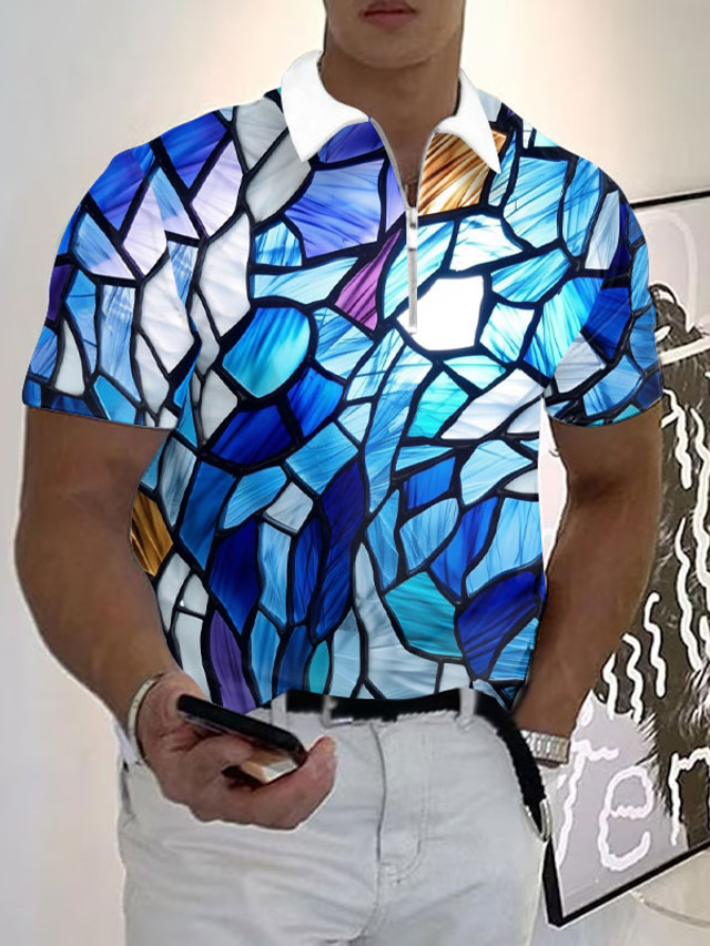  Bloco de cor Colorido Homens Abstracto Imprimir 3D Polo com zíper Ao ar livre Roupa Diária Streetwear Poliéster Manga Curta Aberto para a Lateral Com Zíper Camisas polo Azul Roxo Outono S M L