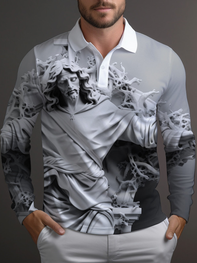  Embossed Jesus Men's Vintage 3D Print Outdoor Casual Daily Streetwear Polyester Long Sleeve Turndown Polo Shirts Black Khaki Fall & Winter S M L Micro-elastic Lapel Polo