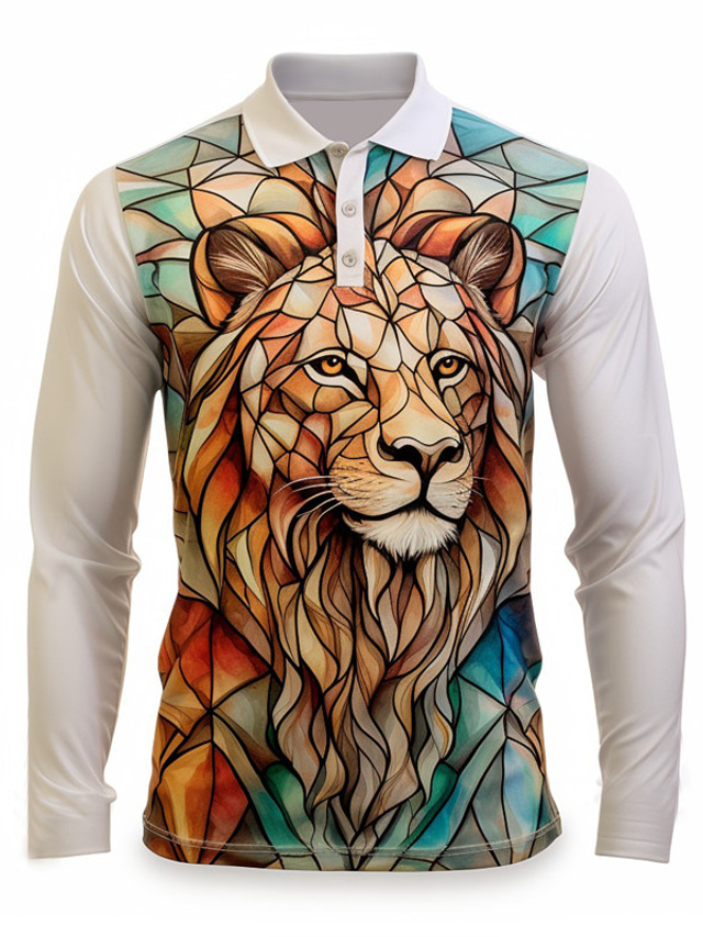  Color Block Lion Men's Abstract Print 3D Outdoor Casual Daily Streetwear Polyester Long Sleeve Turndown Polo Shirts White Orange Fall & Winter S M L Micro-elastic Lapel Polo