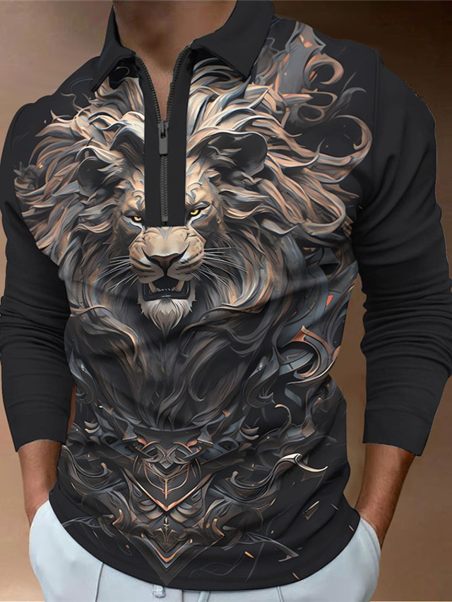  Lion Embossed Men's Vintage Print 3D Zip Polo Outdoor Casual Daily Streetwear Polyester Long Sleeve Turndown Zip Polo Shirts Khaki Gray Fall & Winter S M L Micro-elastic Lapel Polo