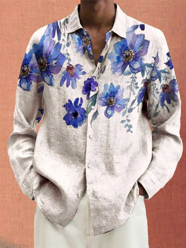  floral casual ανδρικό πουκάμισο για την ημέρα του Αγίου Βαλεντίνου καθημερινή ένδυση που βγαίνει το Σαββατοκύριακο το φθινόπωρο& χειμερινό turndown μακρυμάνικο μωβ s, m, l slub