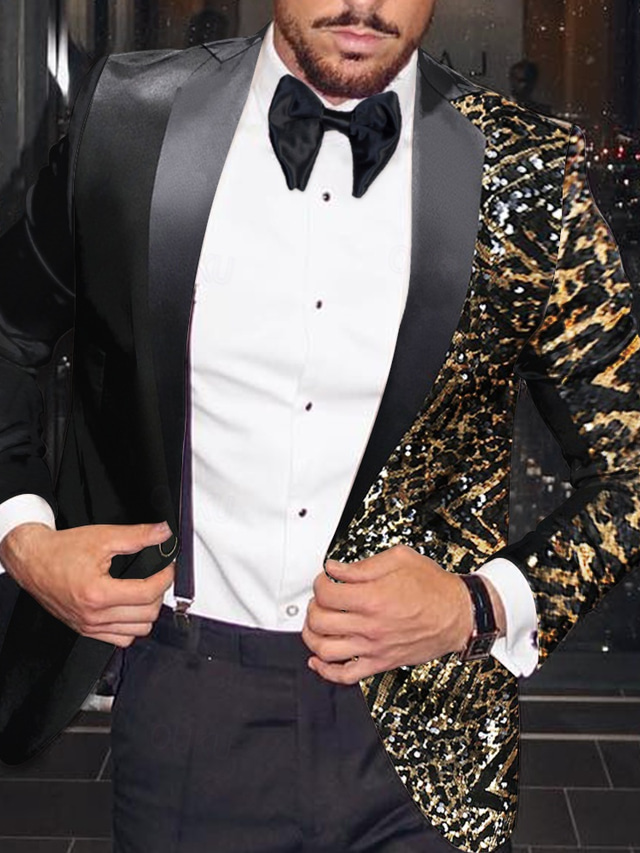  Men's Fashion Disco Sequin Blazer Jacket Leopard Blazer Plus Size Regular Tailored Fit Single Breasted One-button Black Gold Silver Red Royal Blue