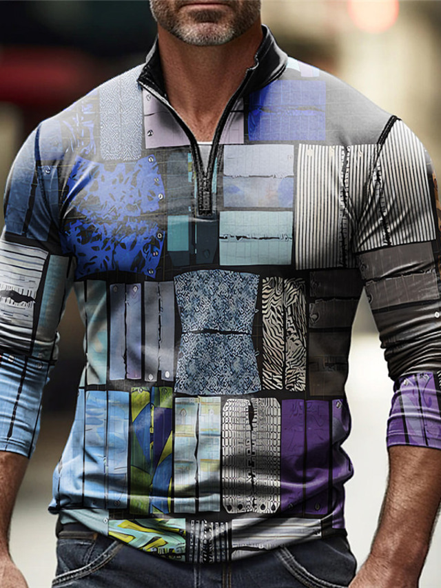  Kolorowy blok Geometria Męskie Codzienny Nadruk 3D Bluza polo Na zewnątrz Codzienne Streetwear Poliester Długi rękaw Suwak Koszulki polo Ciemnoróżowy Niebieski Jesień i zima S M L Średnio elastyczny