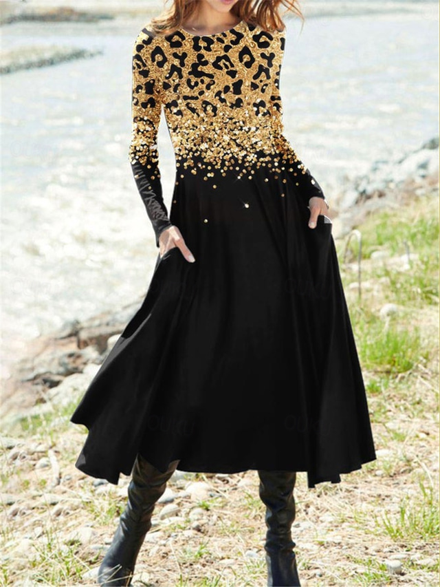  Women's Casual Dress Winter Dress Leopard Pocket Print Crew Neck Midi Dress Daily Vacation Long Sleeve Fall Winter