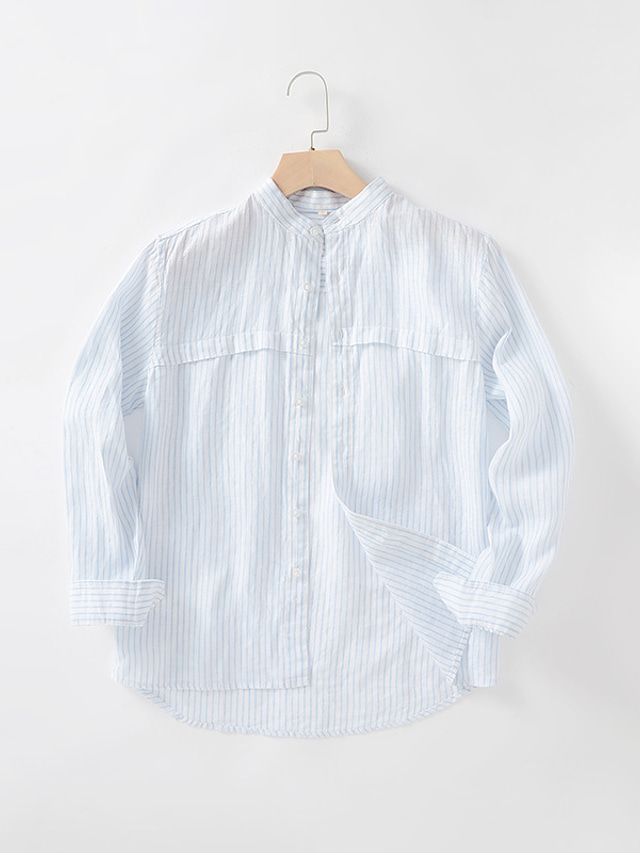  100% Linen Men's Shirt Linen Shirt Casual Shirt Blue Long Sleeve Stripes Standing Collar Spring &  Fall Casual Daily Clothing Apparel