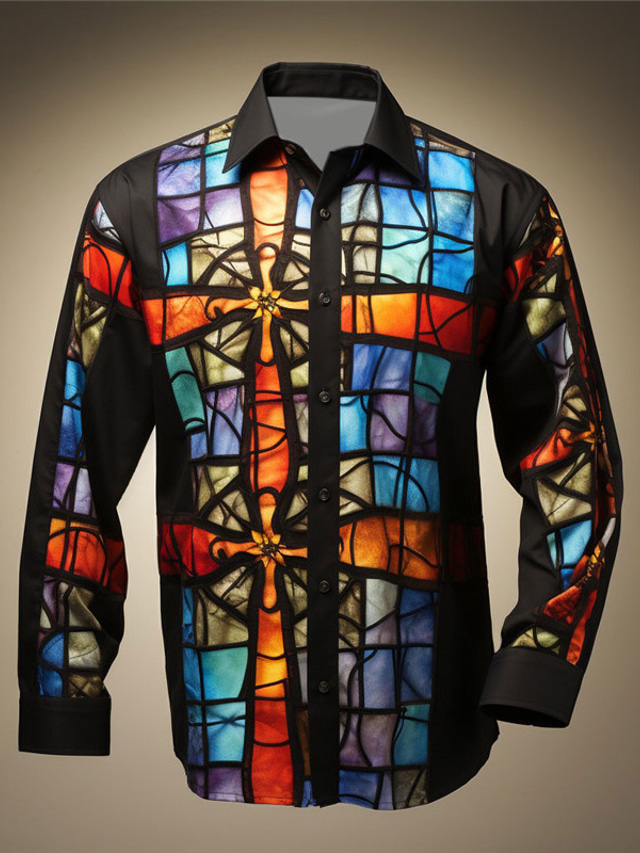  Color Block Colorful Cross Artistic Abstract Men's Shirt Daily Wear Going out Fall & Winter Turndown Long Sleeve Black, Blue, Purple S, M, L 4-Way Stretch Fabric Shirt