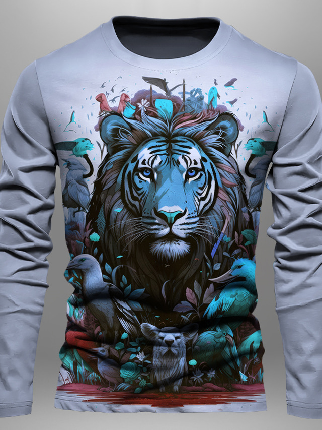  Graphic Tiger Modisch Designer Brautkleider schlicht Herren 3D-Druck T Shirt Sports Outdoor Festtage Ausgehen T-Shirt Rote Blau Braun Langarm Rundhalsausschnitt Hemd Frühling & Herbst Bekleidung S M