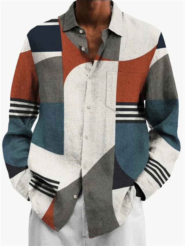  Geometry Casual Men's Shirt Daily Wear Going out Fall & Winter Turndown Long Sleeve Orange, Gray S, M, L 4-Way Stretch Fabric Shirt