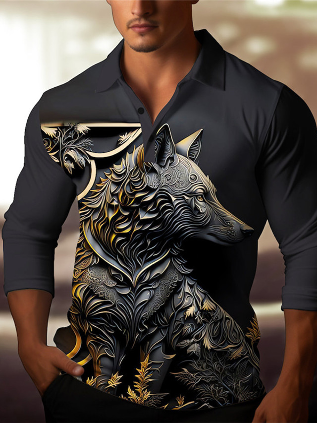  Wolf Relief Pattern Men's Abstract 3D Print Outdoor Casual Daily Streetwear Polyester Long Sleeve Turndown Polo Shirts Dark Navy Gray Fall & Winter S M L Micro-elastic Lapel Polo