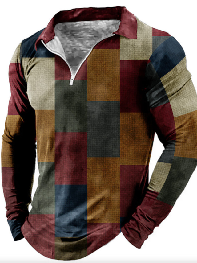  Color Block Plaid / Check Men's Casual 3D Print Zip Polo Outdoor Casual Daily Streetwear Polyester Long Sleeve Turndown Zip Polo Shirts Blue Brown Fall & Winter S M L Micro-elastic Lapel Polo