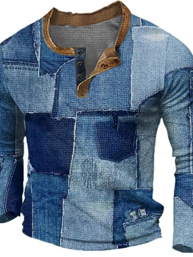  Graphic Bloc de couleur Mosaïque Mode Design Décontractées Homme 3D effet Chemise Henley Shirt T-shirt gaufré Sport extérieur Vacances Festival T-shirt Bleu Marron Vert manche longue Henley Chemise