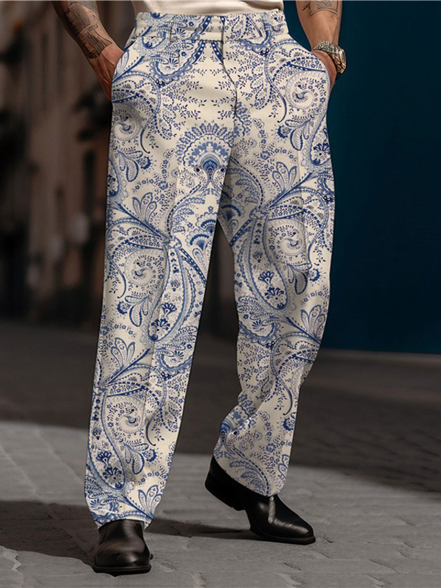  Paisley-Muster Vintage Herren 3D-Druck Anzughosen Hosen Hose Outdoor Strasse Tragen Sie, um zu arbeiten Polyester Schwarz Weiß Blau S M L Hoch Elastizität Hose