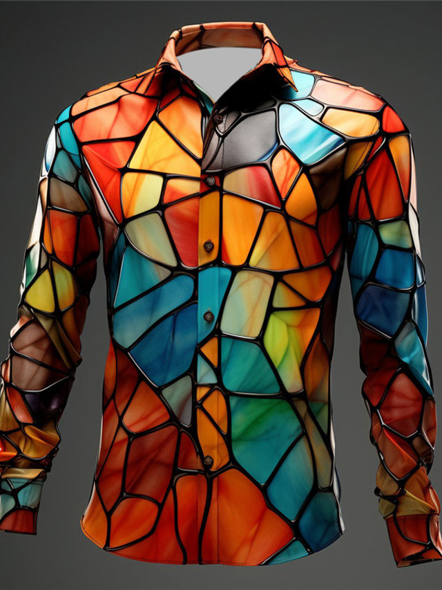  Color Block Colorful Artistic Abstract Men's Shirt Daily Wear Going out Fall & Winter Turndown Long Sleeve Blue, Orange, Green S, M, L 4-Way Stretch Fabric Shirt