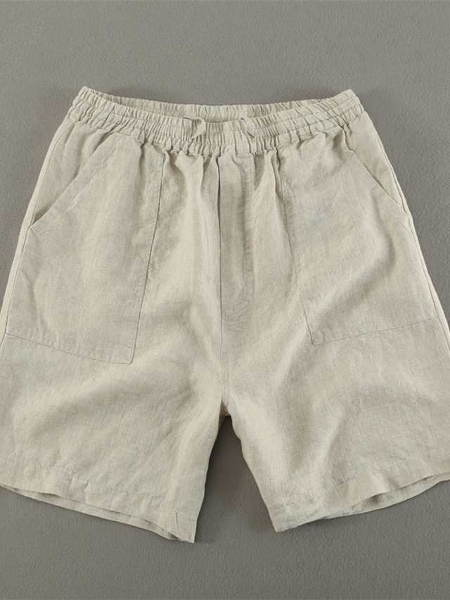  100% Linen Men's Shorts Linen Shorts Summer Shorts Drawstring Elastic Waist Front Pocket Plain Comfort Breathable Short Casual Daily Holiday Fashion Classic Style Khaki