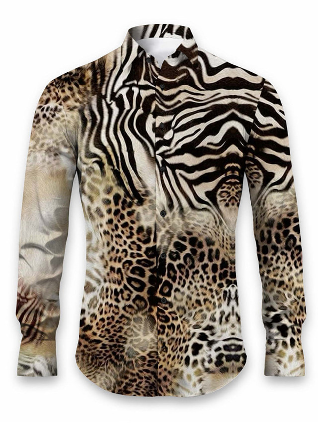  Leopard Tierpelz Muster Abstrakt Herren Hemd Freizeitskleidung Ausgehen Herbst Winter Umlegekragen Langarm Gelb, Rosa, Rote S, M, L 4-Wege-Stretchgewebe Hemd