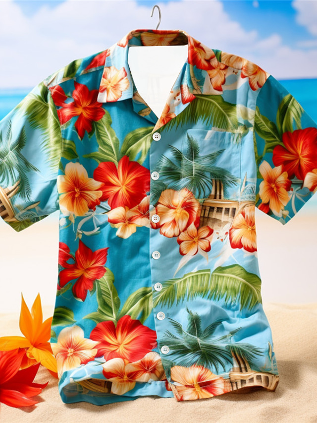  ورد ستايل هاواي كاجوال رجالي قميص الأماكن المفتوحة شارع كاجوال / يومي الخريف الياقة الكوبية كم قصير أزرق S M L قميص
