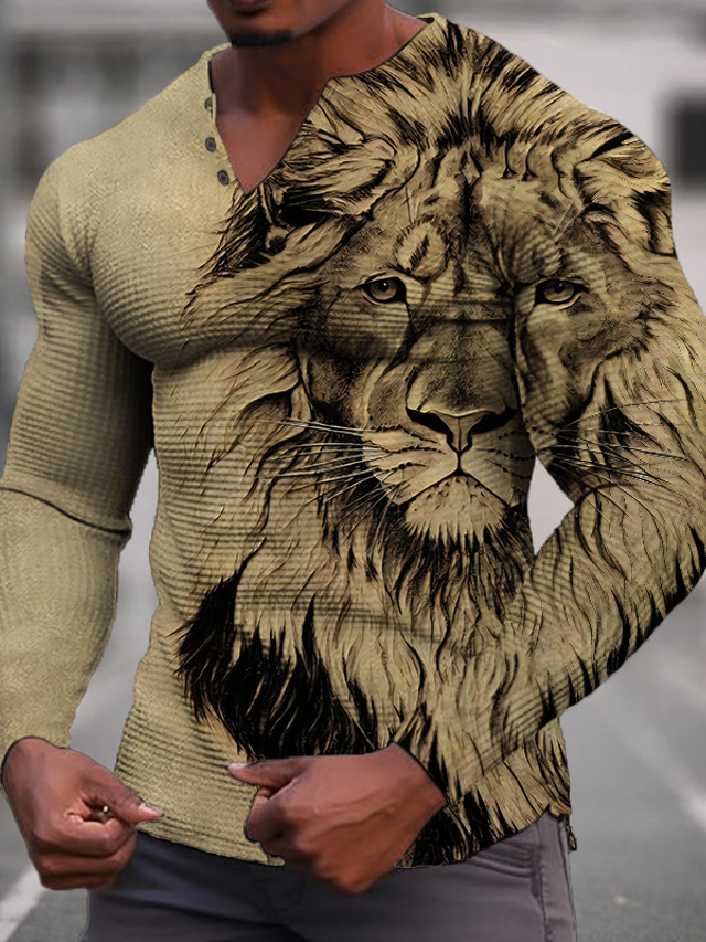  Γραφική Ζώο Λιοντάρι Μοντέρνα Υψηλής Ποιότητας Καθημερινό Ανδρικά 3D εκτύπωση Πουκάμισο Henley Μπλουζάκι βάφλα Υπαίθρια Αθλήματα Αργίες Φεστιβάλ Κοντομάνικη μπλούζα Θαλασσί Πράσινο του τριφυλλιού Χακί