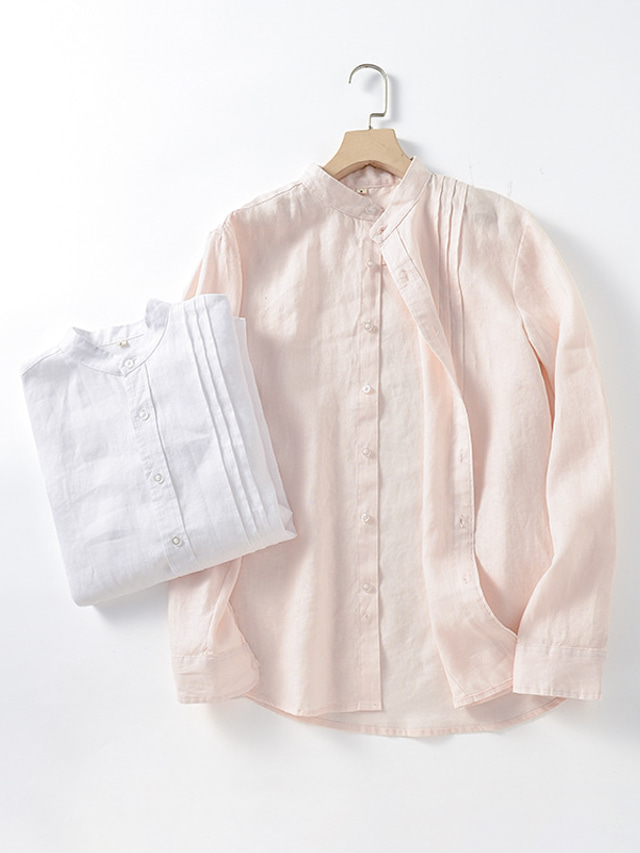  100% Linho Pregueado Homens Camisa Social camisa de linho Camisa casual Branco Rosa Manga Longa Tecido Colarinho Chinês Primavera & Outono Casual Diário Roupa