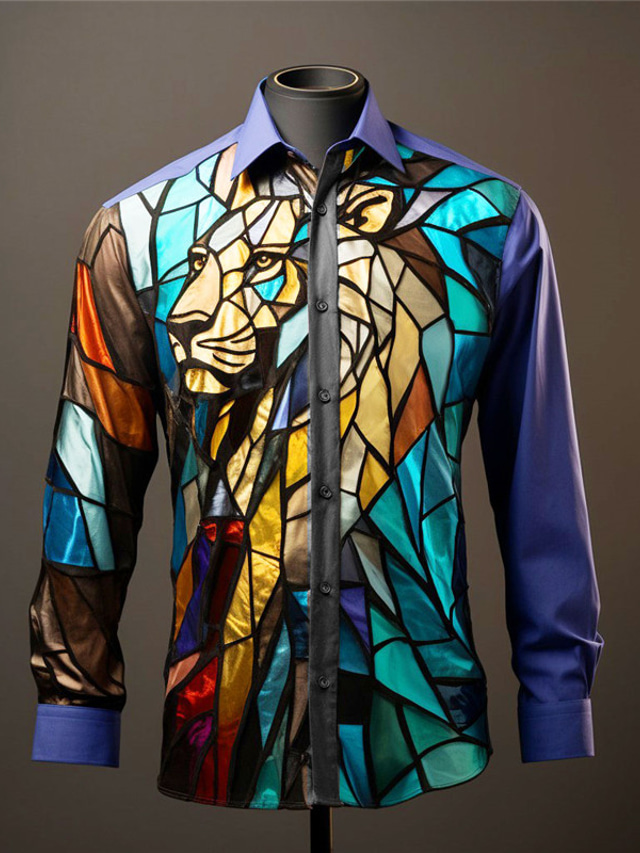  Color Block Lion Colorful Artistic Abstract Men's Shirt Daily Wear Going out Fall & Winter Turndown Long Sleeve Yellow, Blue, Purple S, M, L 4-Way Stretch Fabric Shirt