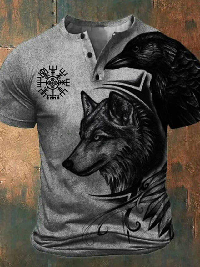  Grafisch Wolf Viking Modieus Retro vintage Klassiek Voor heren 3D-afdrukken T-shirt Henley-shirt Buitensporten Feestdagen Uitgaan T-shirt blauw Groen Khaki Korte mouw Henley Overhemd Lente zomer