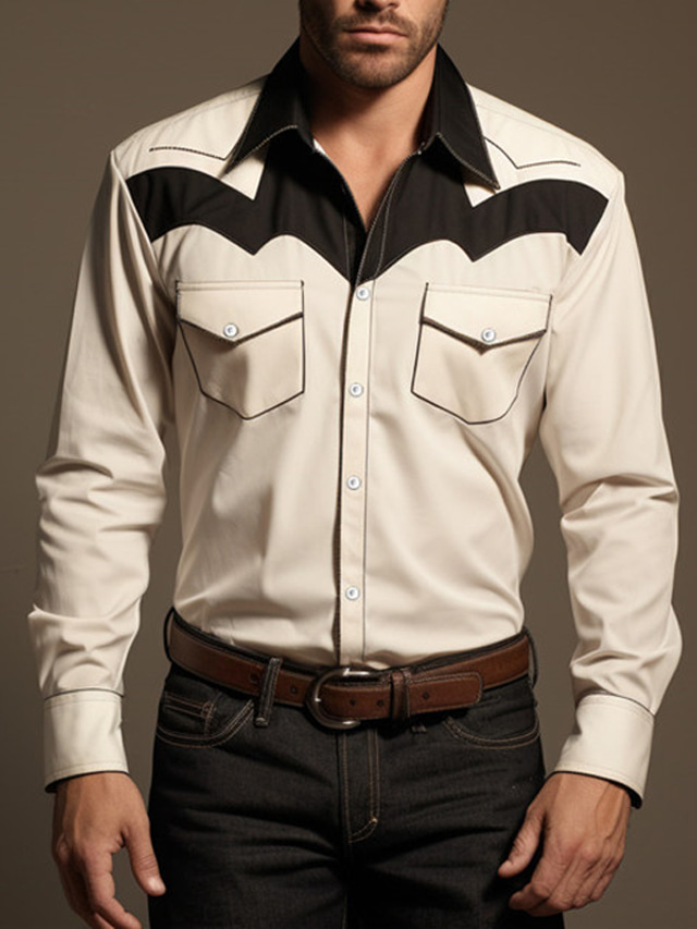  Kolorowy blok Zabytkowe styl zachodni Męskie Koszula Koszula westernowa Na zewnątrz Ulica Codzienne Jesień i zima Wieczorne Długi rękaw Beżowy S M L Koszula