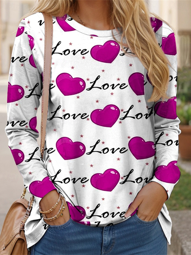  Women's Valentine Heart T Shirt Cute Red Tee Print Valentine Weekend Fashion Long Sleeve Round Neck Red Spring &  Fall