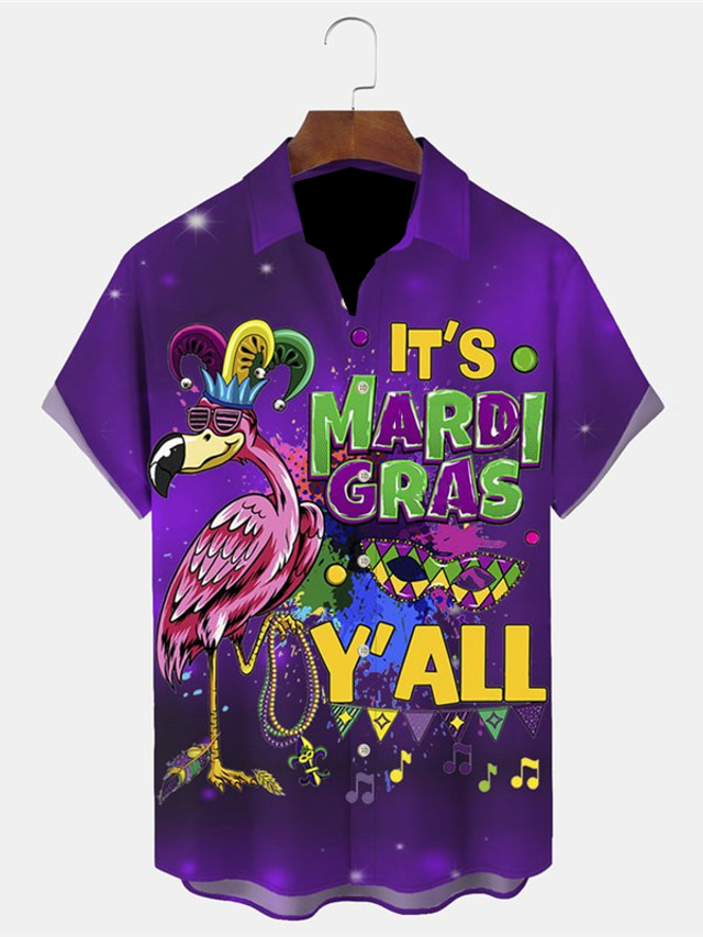  Carnival Flamingo Letter Mask Artistic Men's Shirt  Daily Wear Going out Autumn / Fall Turndown Short Sleeves Purple S, M, L 4-Way Stretch Fabric